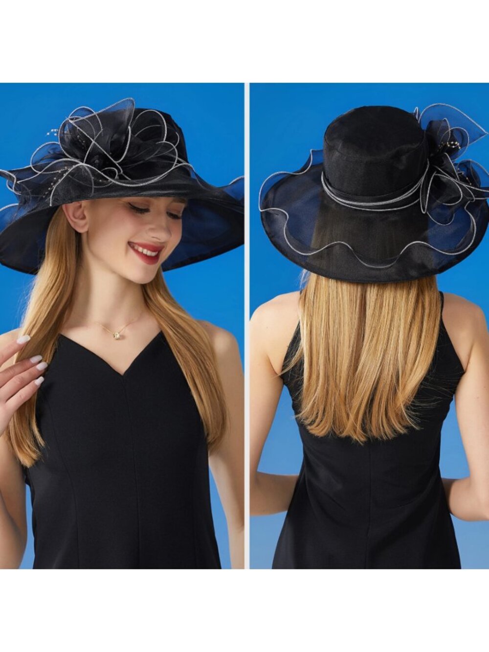 Elegant Organza Wide‑Brim Derby Hat for Women Foldable Summer Sun Hat Flower